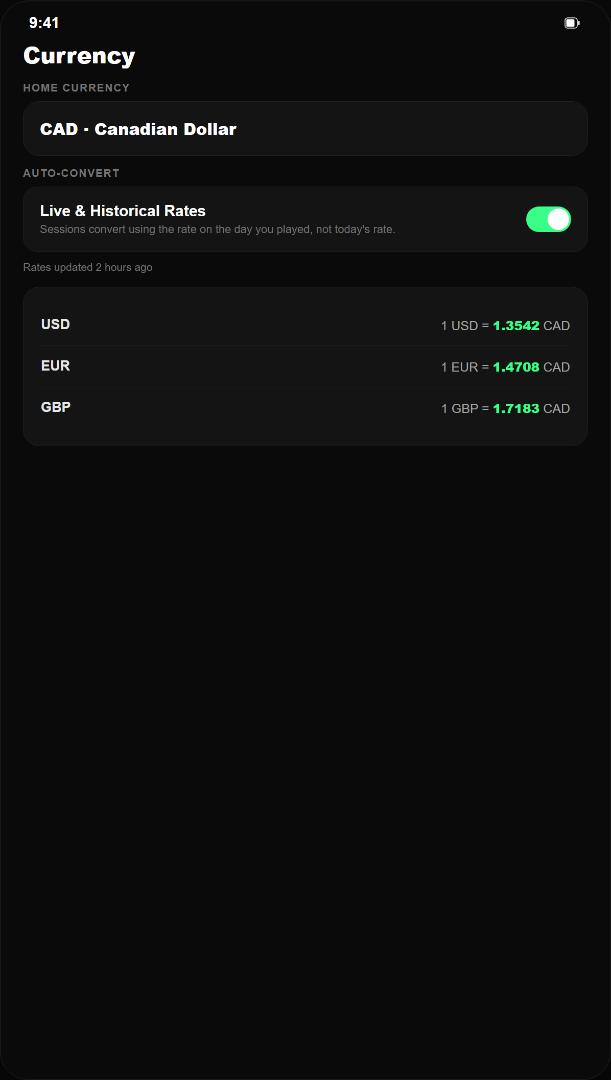 PokerFolio Auto FX currency screen