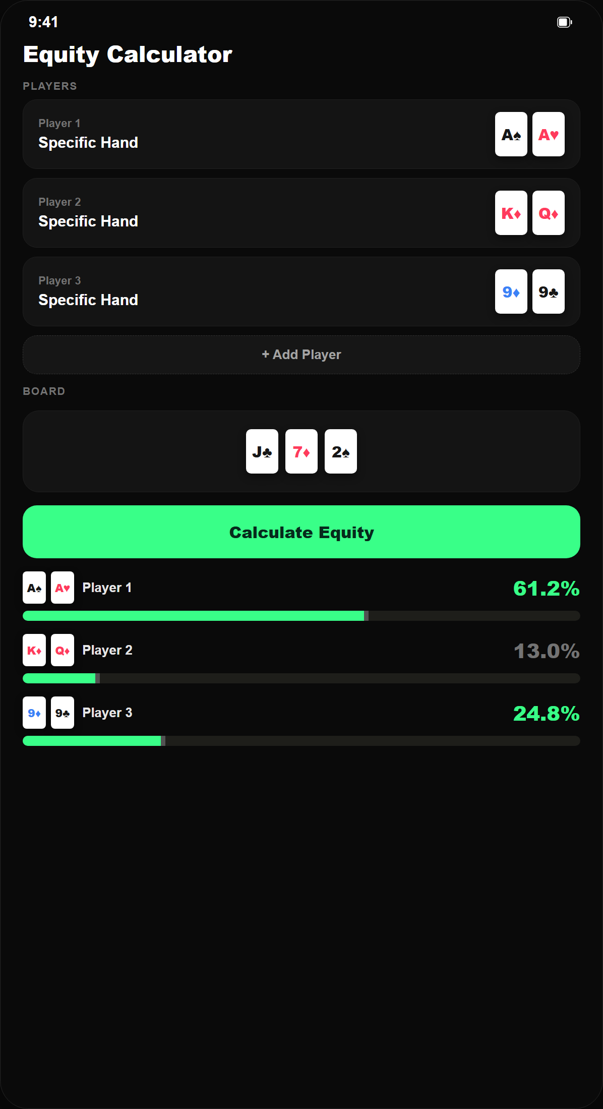 PokerFolio Equity Calculator screen