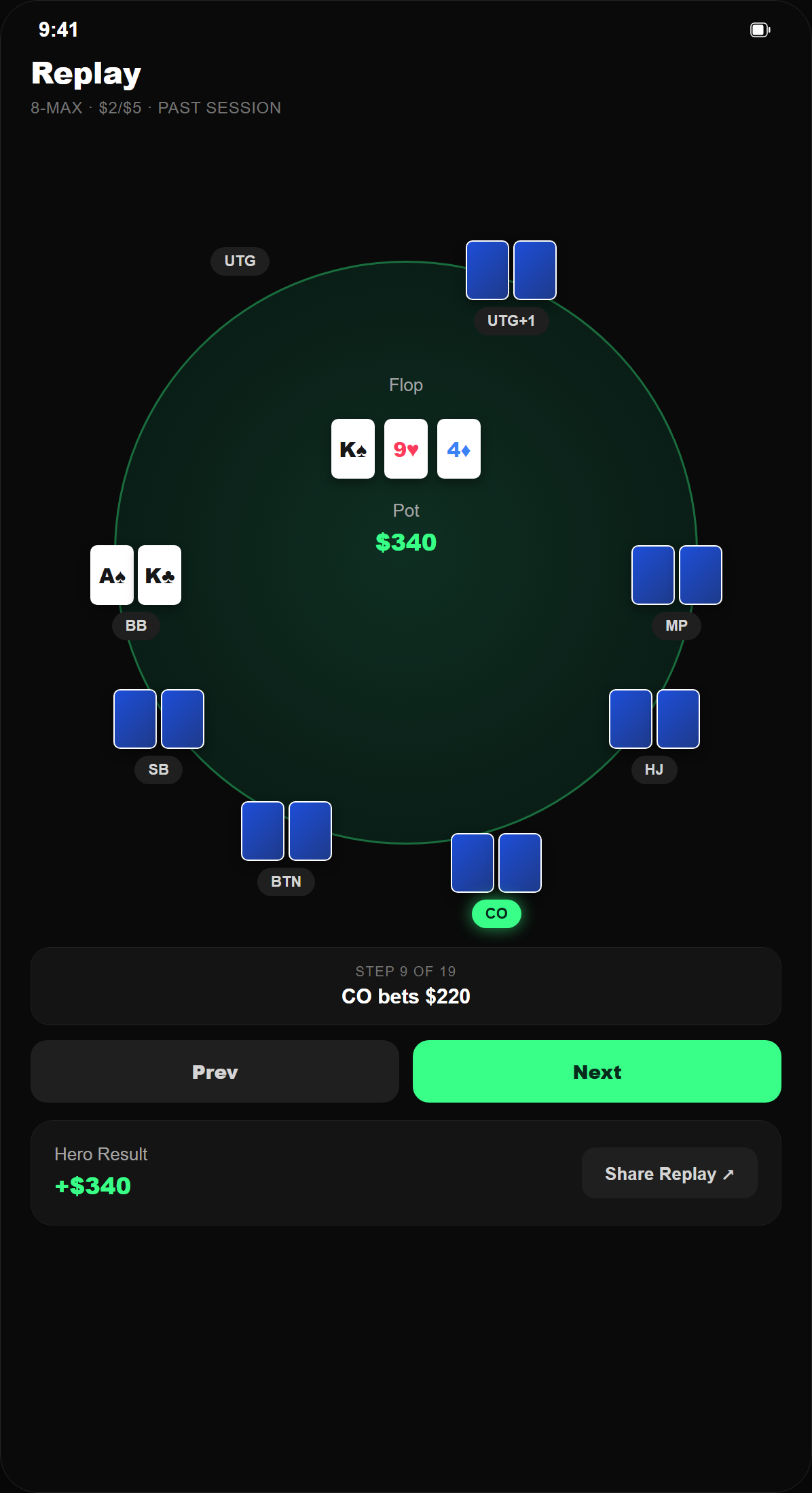 PokerFolio hand replay screen