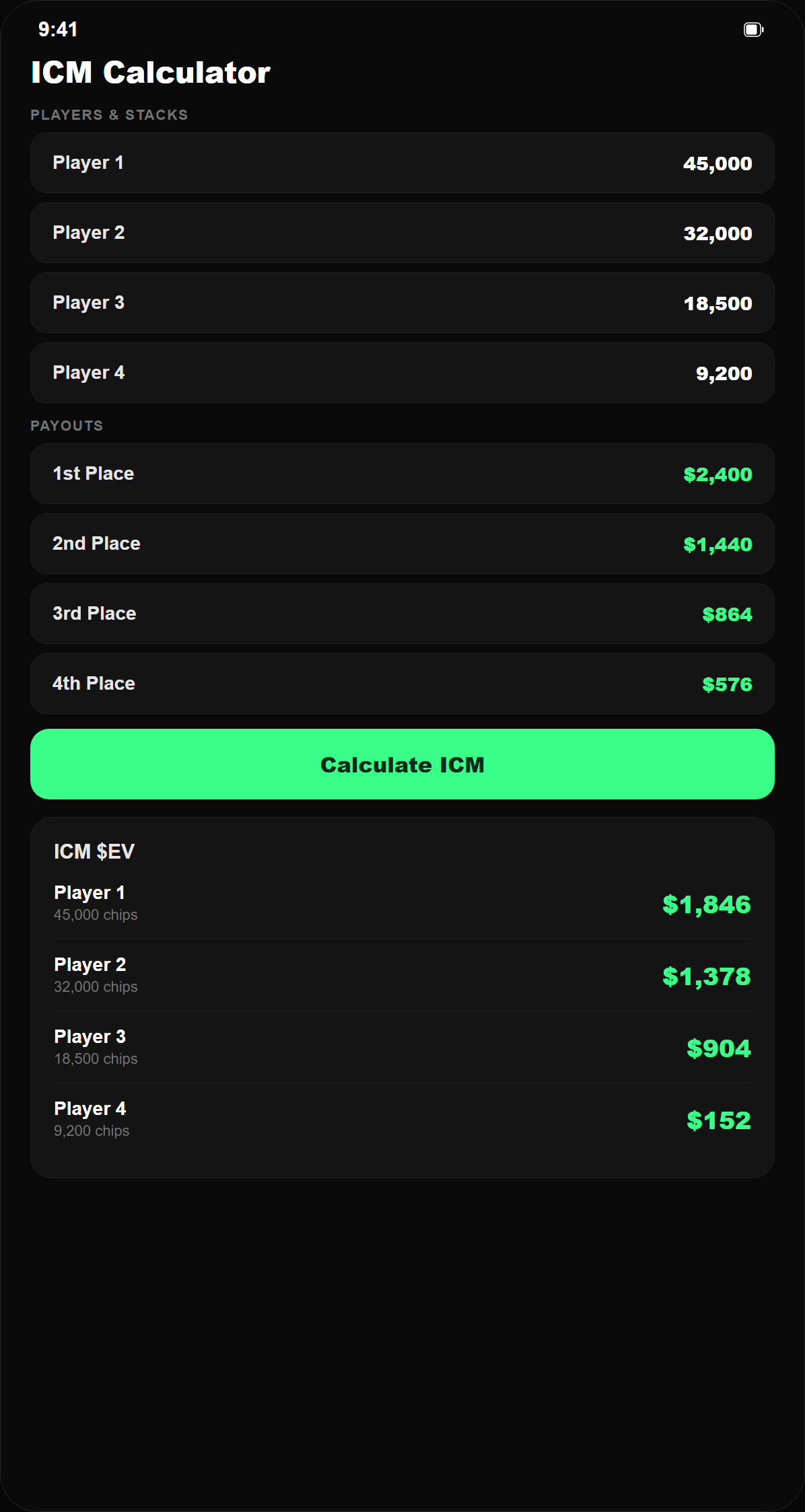 PokerFolio ICM Calculator screen
