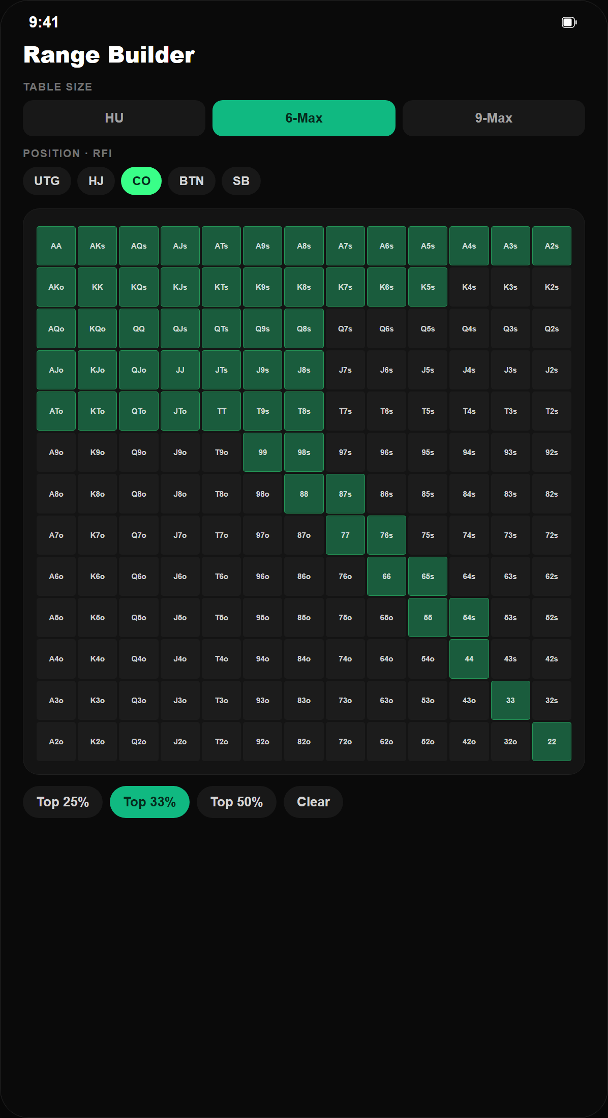 PokerFolio Range Builder screen